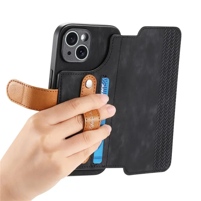 Housse iPhone 15 effet cuir tressé avec dragonne support