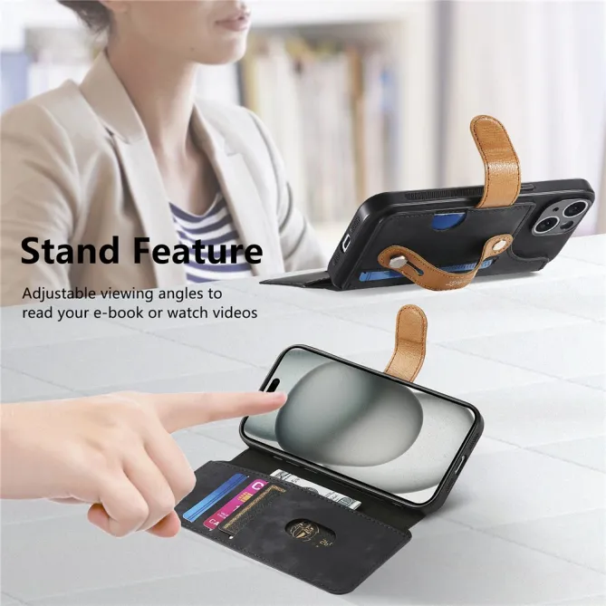 Housse iPhone 15 effet cuir tressé avec dragonne support