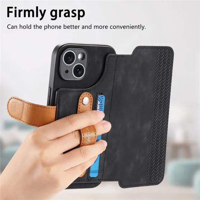 Housse iPhone 15 effet cuir tressé avec dragonne support