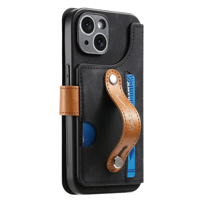 Housse iPhone 15 effet cuir tressé avec dragonne support