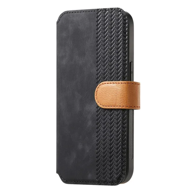 Housse iPhone 15 effet cuir tressé avec dragonne support