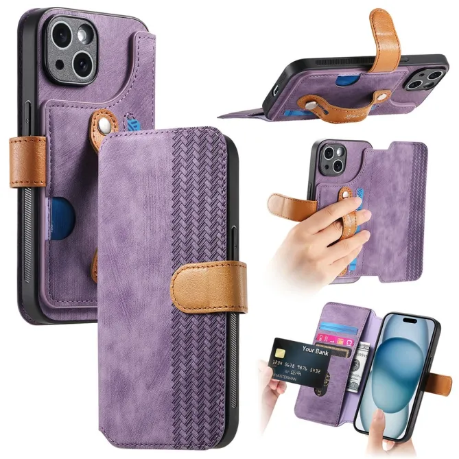 Housse iPhone 15 effet cuir tressé avec dragonne support