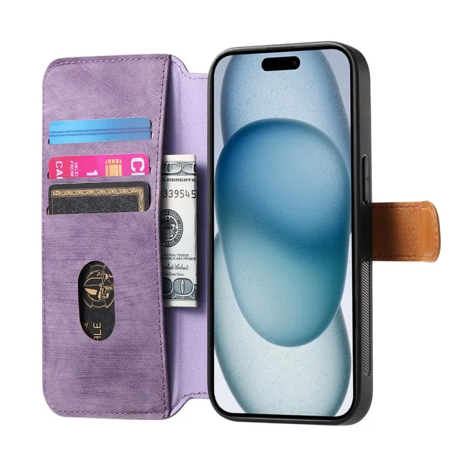 Housse iPhone 15 effet cuir tressé avec dragonne support