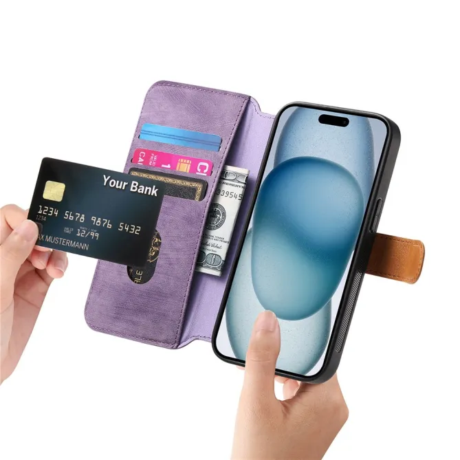 Housse iPhone 15 effet cuir tressé avec dragonne support
