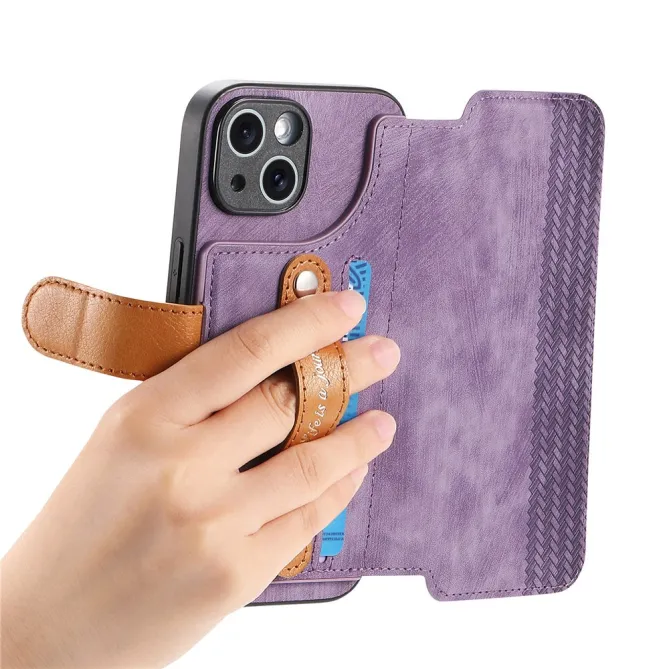 Housse iPhone 15 effet cuir tressé avec dragonne support