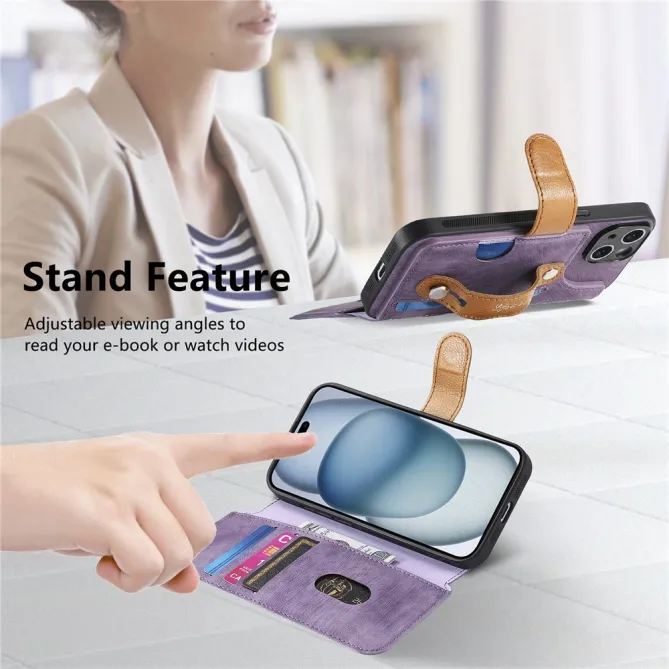 Housse iPhone 15 effet cuir tressé avec dragonne support