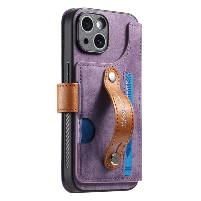 Housse iPhone 15 effet cuir tressé avec dragonne support