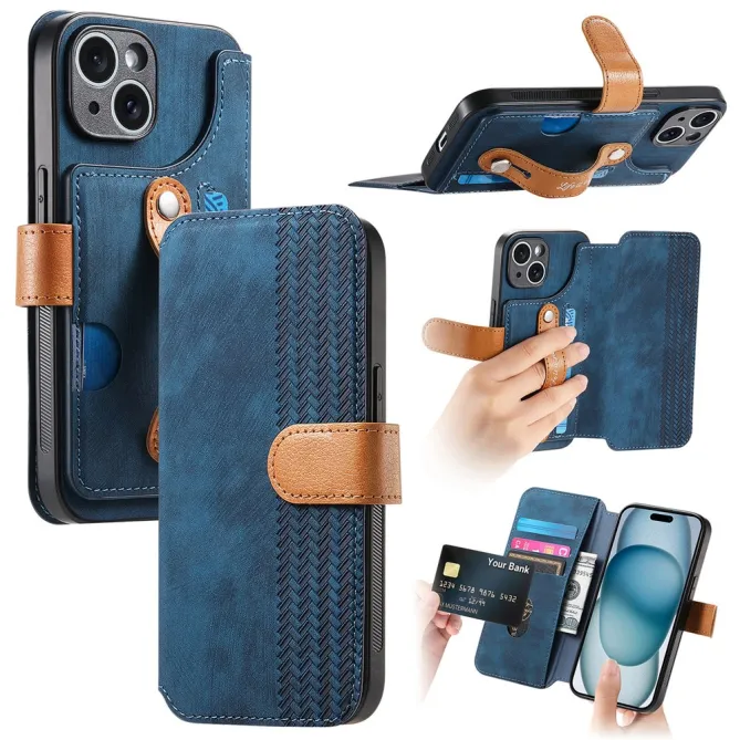 Housse iPhone 15 effet cuir tressé avec dragonne support