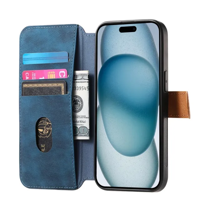 Housse iPhone 15 effet cuir tressé avec dragonne support
