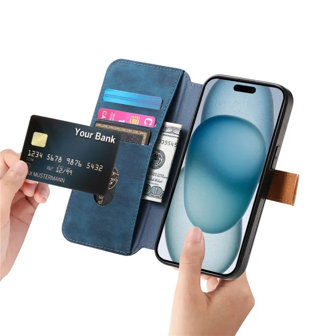 Housse iPhone 15 effet cuir tressé avec dragonne support
