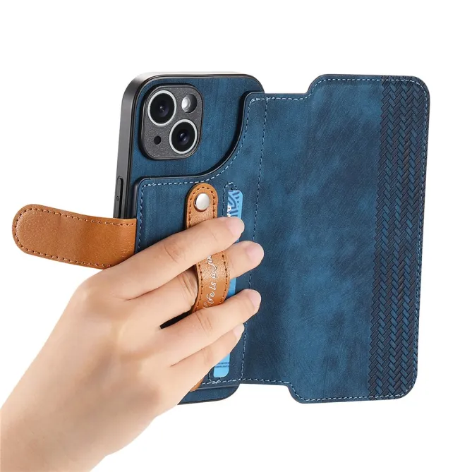 Housse iPhone 15 effet cuir tressé avec dragonne support