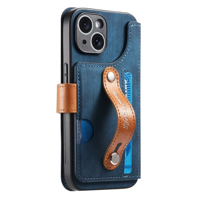 Housse iPhone 15 effet cuir tressé avec dragonne support