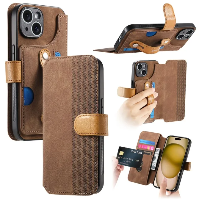 Housse iPhone 15 effet cuir tressé avec dragonne support