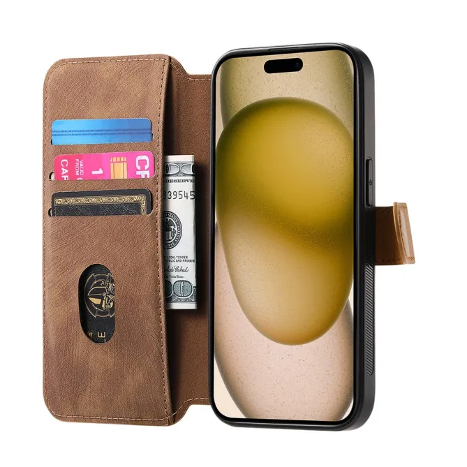 Housse iPhone 15 effet cuir tressé avec dragonne support
