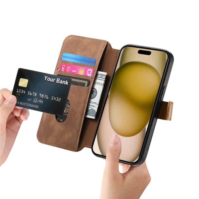 Housse iPhone 15 effet cuir tressé avec dragonne support
