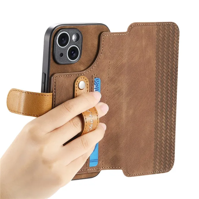 Housse iPhone 15 effet cuir tressé avec dragonne support