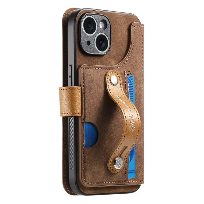 Housse iPhone 15 effet cuir tressé avec dragonne support