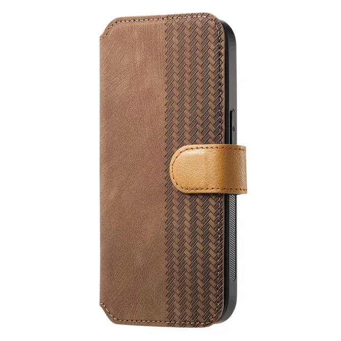 Housse iPhone 15 effet cuir tressé avec dragonne support