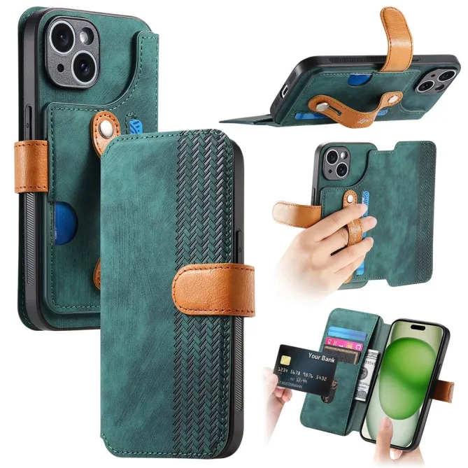 Housse iPhone 15 effet cuir tressé avec dragonne support
