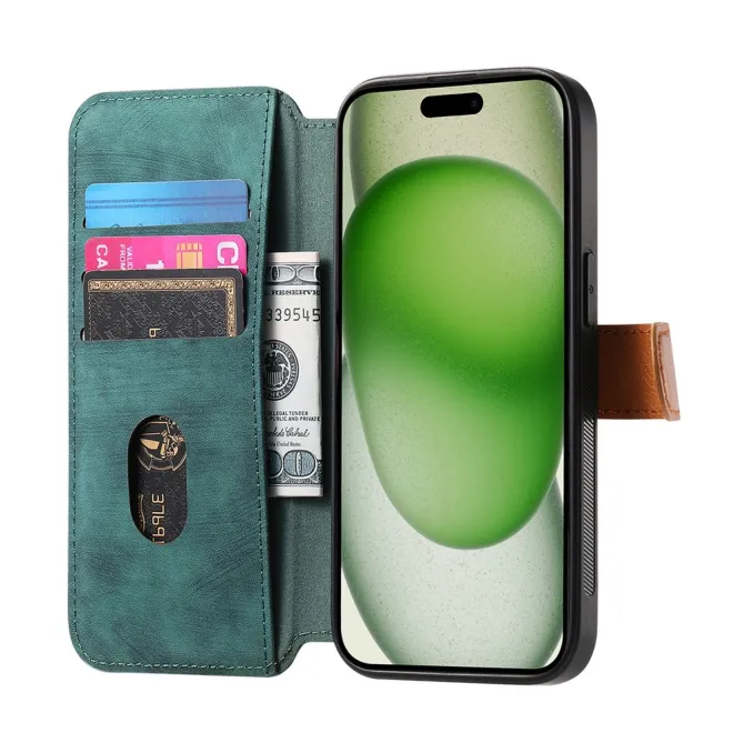 Housse iPhone 15 effet cuir tressé avec dragonne support