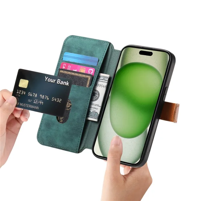 Housse iPhone 15 effet cuir tressé avec dragonne support