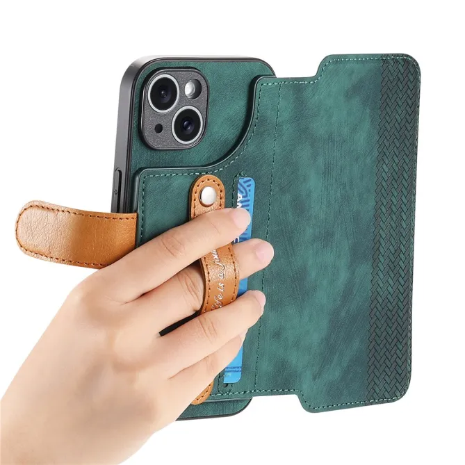 Housse iPhone 15 effet cuir tressé avec dragonne support