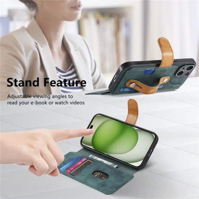 Housse iPhone 15 effet cuir tressé avec dragonne support