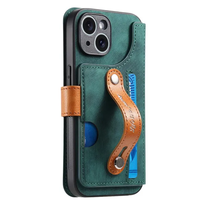 Housse iPhone 15 effet cuir tressé avec dragonne support