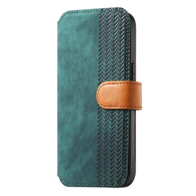 Housse iPhone 15 effet cuir tressé avec dragonne support
