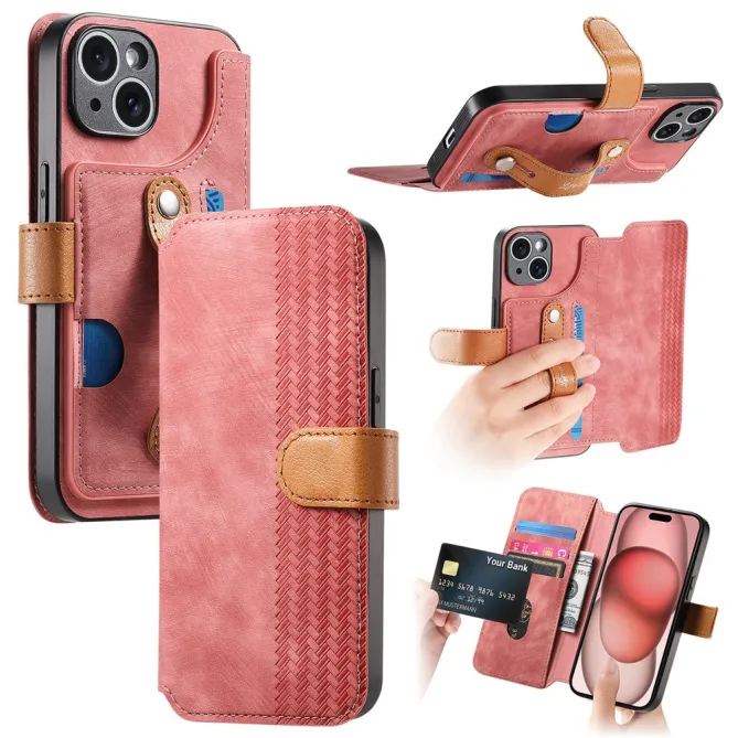 Housse iPhone 15 effet cuir tressé avec dragonne support