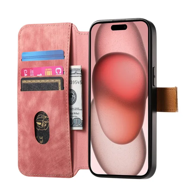Housse iPhone 15 effet cuir tressé avec dragonne support