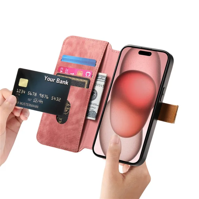 Housse iPhone 15 effet cuir tressé avec dragonne support