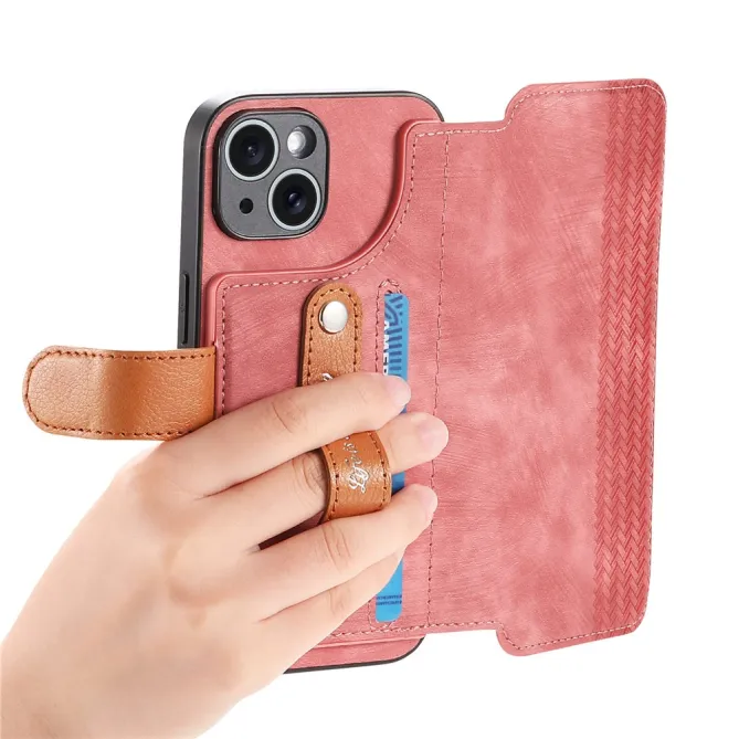 Housse iPhone 15 effet cuir tressé avec dragonne support