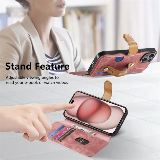 Housse iPhone 15 effet cuir tressé avec dragonne support