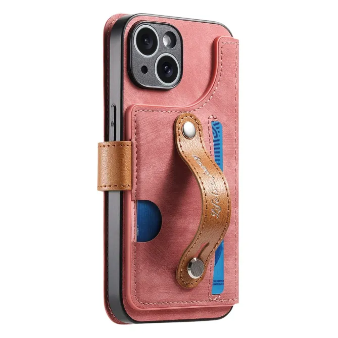 Housse iPhone 15 effet cuir tressé avec dragonne support