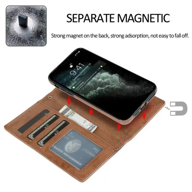 Housse magnétique détachable iPhone 15 effet cuir mat porte-cartes