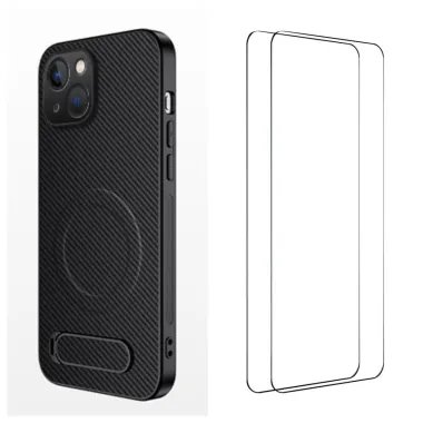 Coque iPhone 15 magnétique et support fibre de carbone avec 2 verres trempés