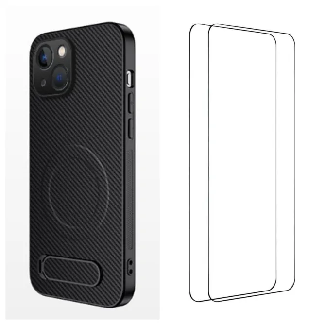Coque iPhone 15 magnétique et support fibre de carbone avec 2 verres trempés