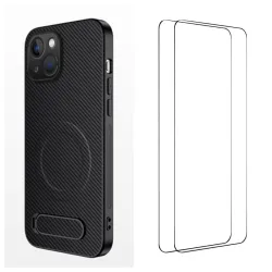 Coque iPhone 15 magnétique et support fibre de carbone avec 2 verres trempés