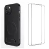 Coque iPhone 15 magnétique et support fibre de carbone avec 2 verres trempés