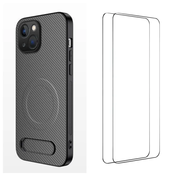 Coque iPhone 15 magnétique et support fibre de carbone avec 2 verres trempés