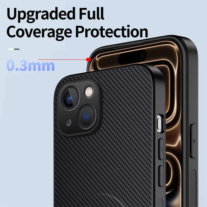 Coque iPhone 15 magnétique et support fibre de carbone avec 2 verres trempés