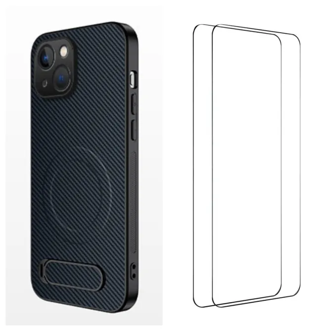 Coque iPhone 15 magnétique et support fibre de carbone avec 2 verres trempés