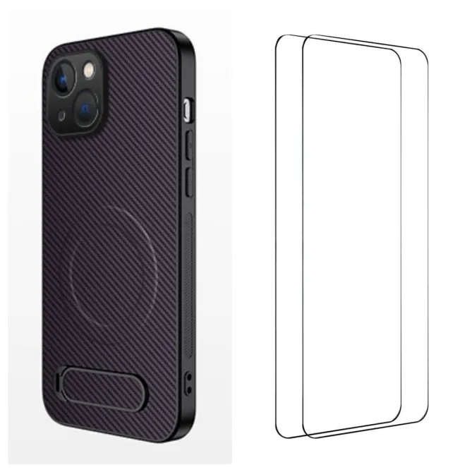 Coque iPhone 15 magnétique et support fibre de carbone avec 2 verres trempés