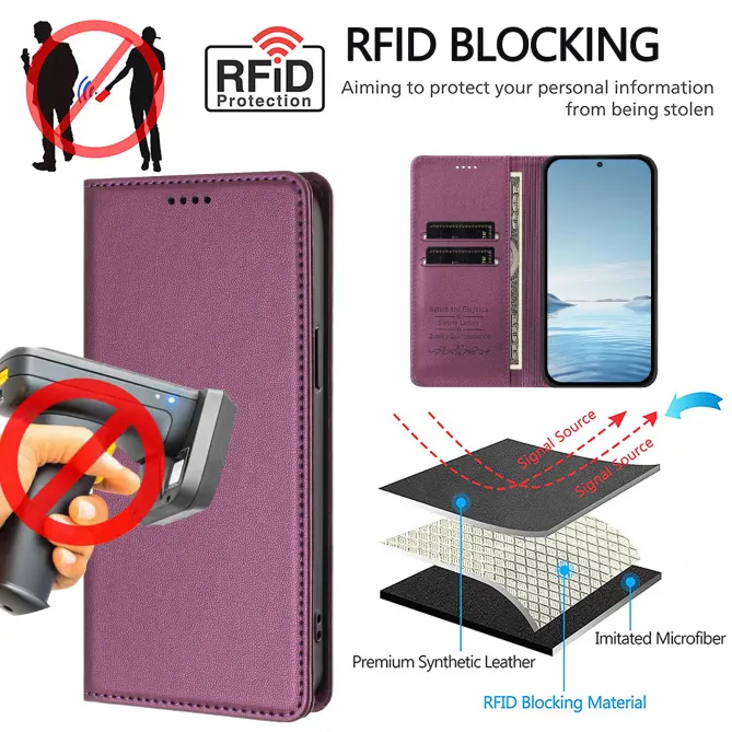 Housse portefeuille iPhone 15 effet cuir avec protection RFID
