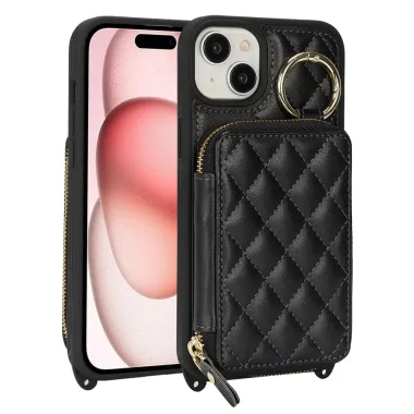Coque iPhone 15 portefeuille zippée avec anneau et bandoulière