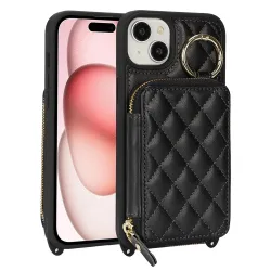 Coque iPhone 15 portefeuille zippée avec anneau et bandoulière