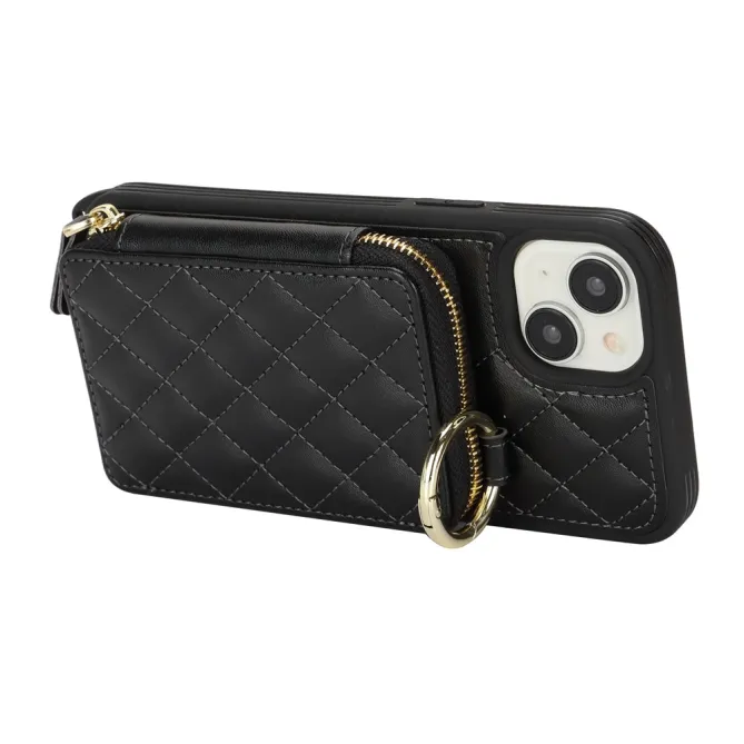 Coque iPhone 15 portefeuille zippée avec anneau et bandoulière