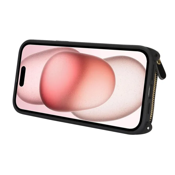Coque iPhone 15 portefeuille zippée avec anneau et bandoulière
