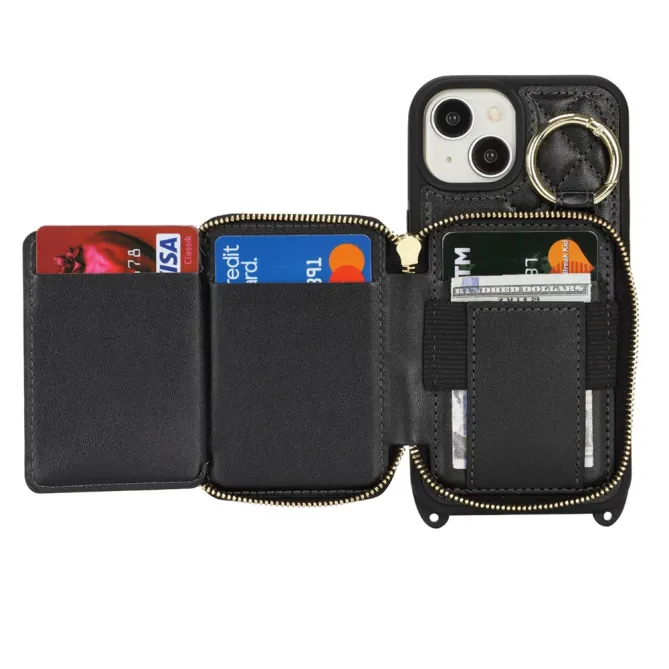 Coque iPhone 15 portefeuille zippée avec anneau et bandoulière